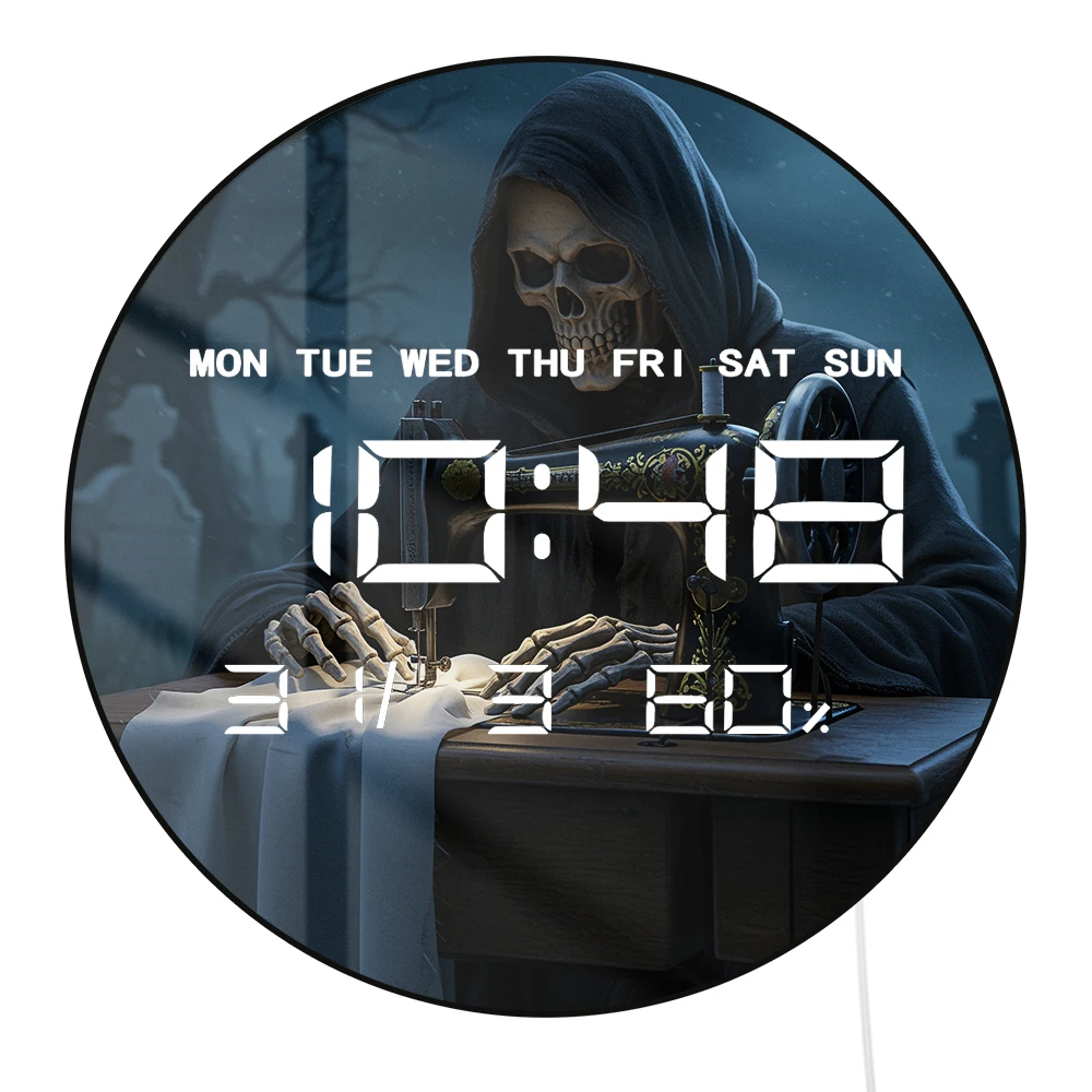 Grim Reaper using Sewing Machine LED Digital Wall Clock with Calendar Temperature Dark Fantasy Home Decor Electronic Wall Clock