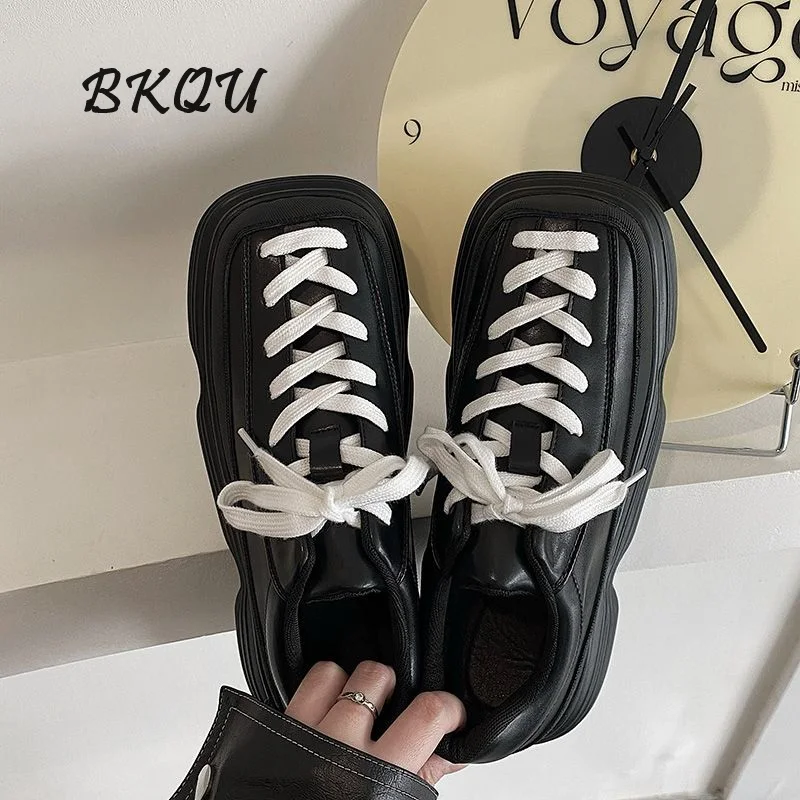 BKQU 2024 Increase 7CM Original Square Head Bread Fried Street Big Head Japanese New Explosion-style Thick Soled Daddy Shoes