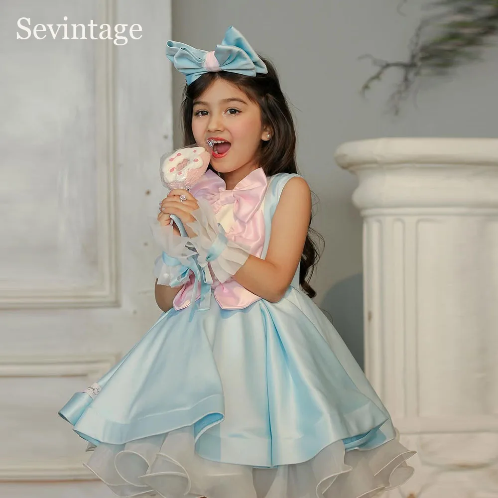 

Платья для девочек Sevintage: синие с розовыми цветами, с бантом, А-силуэт, на день рождения, милые, без рукавов, для свадебных вечеринок, на заказ