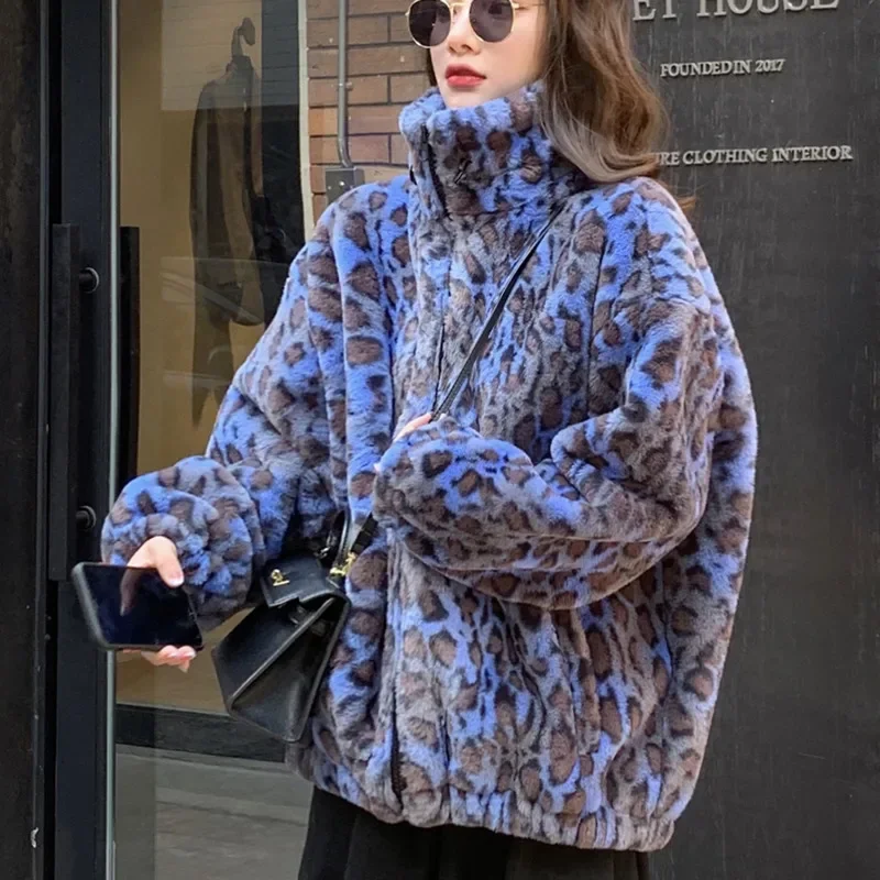 Autumn Winter 2024 Korean Version Loose Warm Lamb Hair Women Short Coat Female Leopard Fur Plush  Women\'s Clothing N176