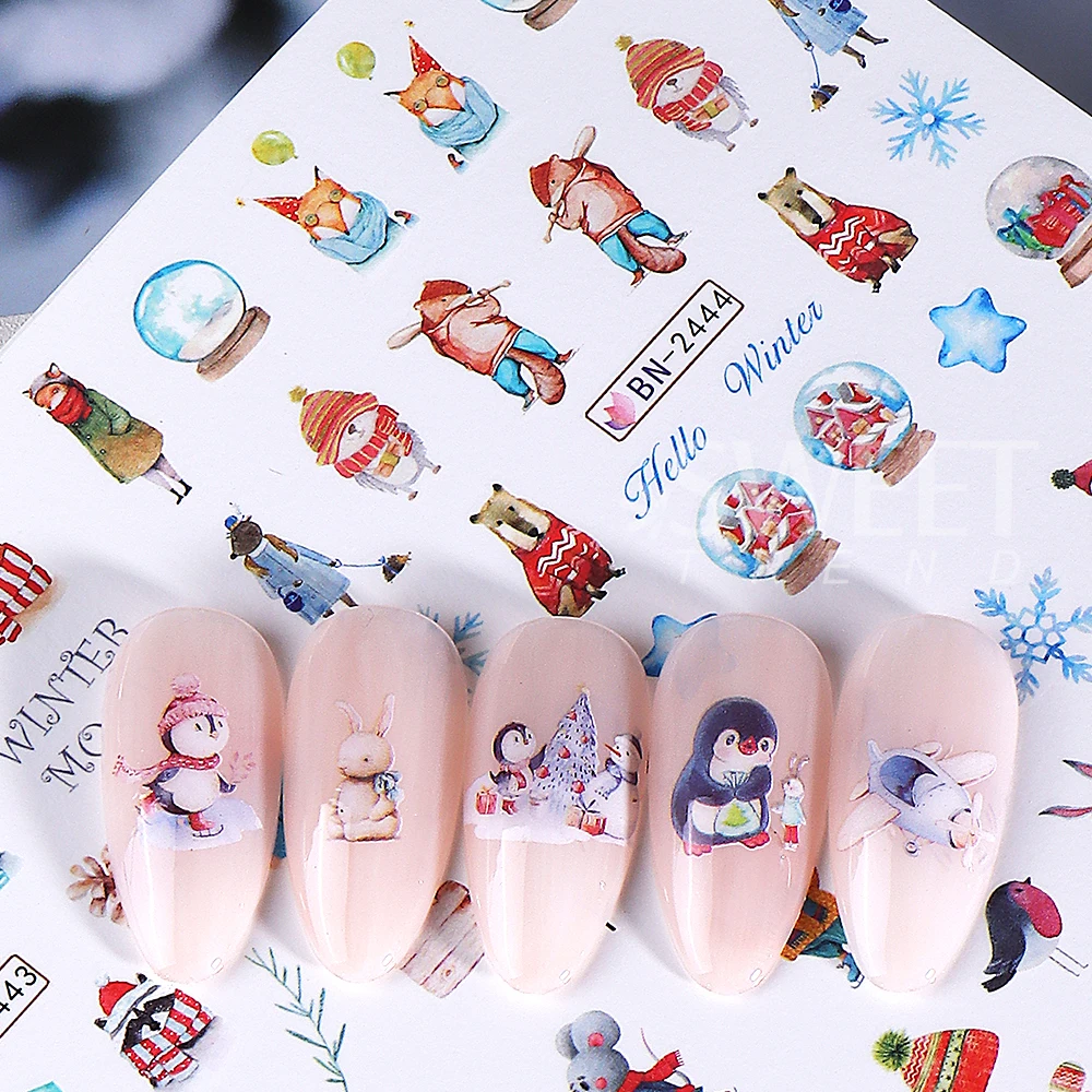 2장 - 24가지 디자인 겨울 크리스마스 네일 스티커 워터 트랜스퍼 데칼 엘크 산타 펭귄 눈송이 슬라이더 매니큐어 장식용