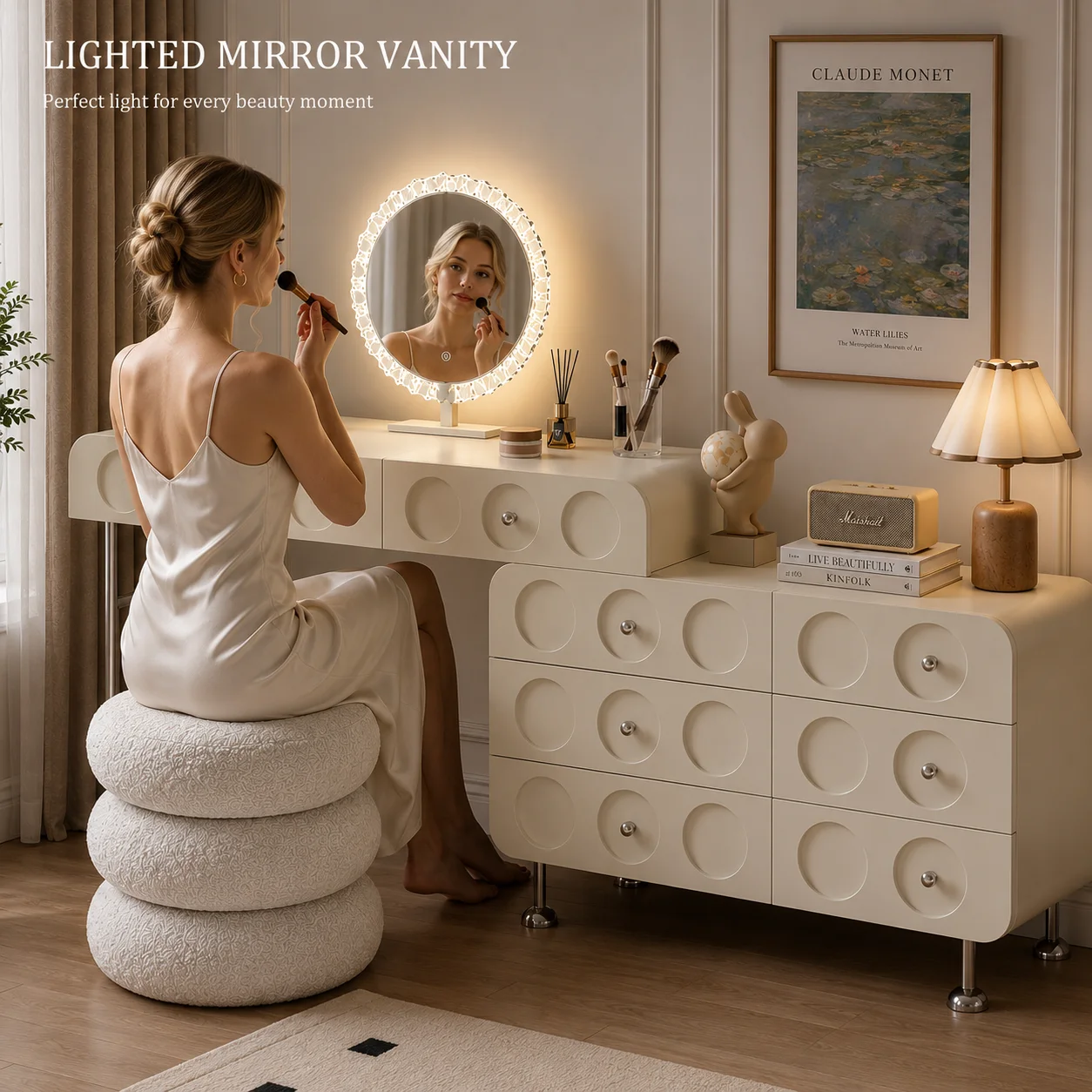#Wholesale Modern Dressing Table Set With LED Touch Mirror Drawers Stool For Bedroom