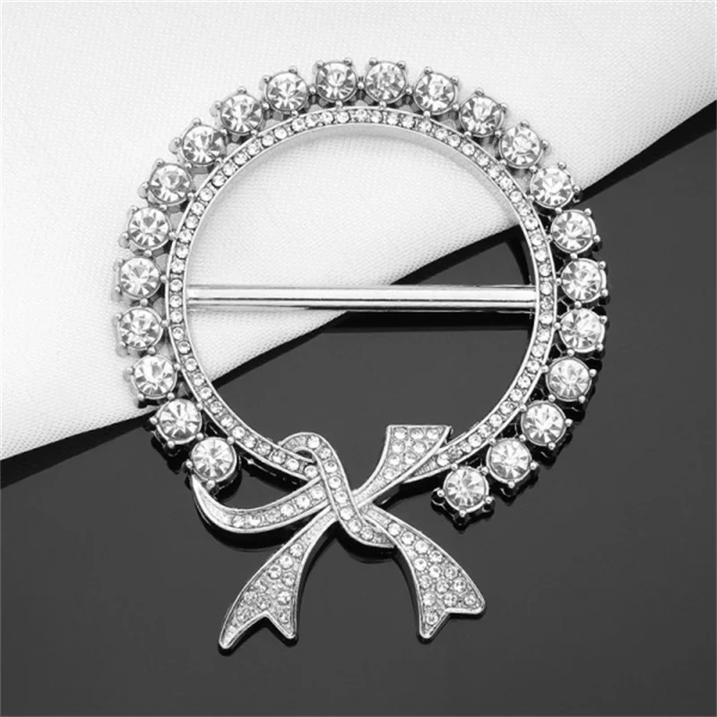 Cute Crystal Bow Brooches Hollow Round Brooch Waist Scarf Silk Buckles T-shirt Hem Knotted Button Ring  Clothing Accessories