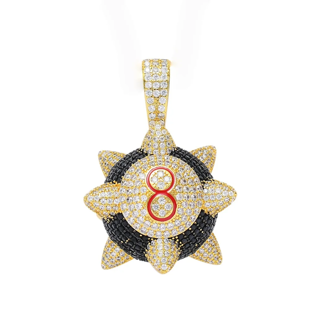 New Iced out Trippieredd Inspired Spike 8-ball Billiard Pendant Necklace With Tennis Chain Hip hop Jewelry