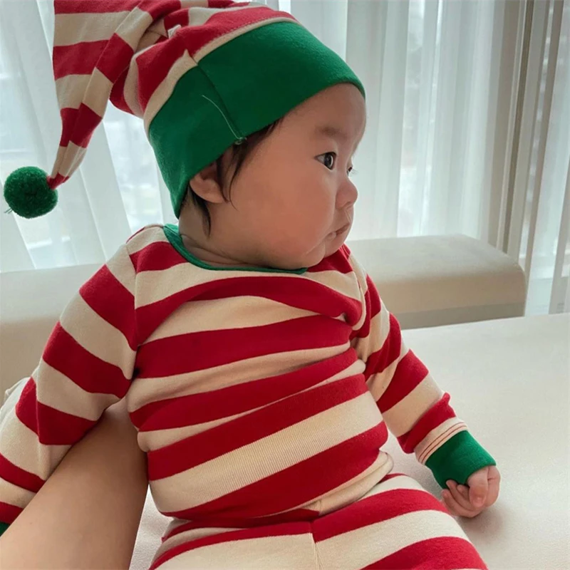 Christmas Autumn Winter Baby Suit Clothes Child Boys Girls  Cotton Cute Twin Red/Green Stripes Infant Long Sleeve Children\'s Set