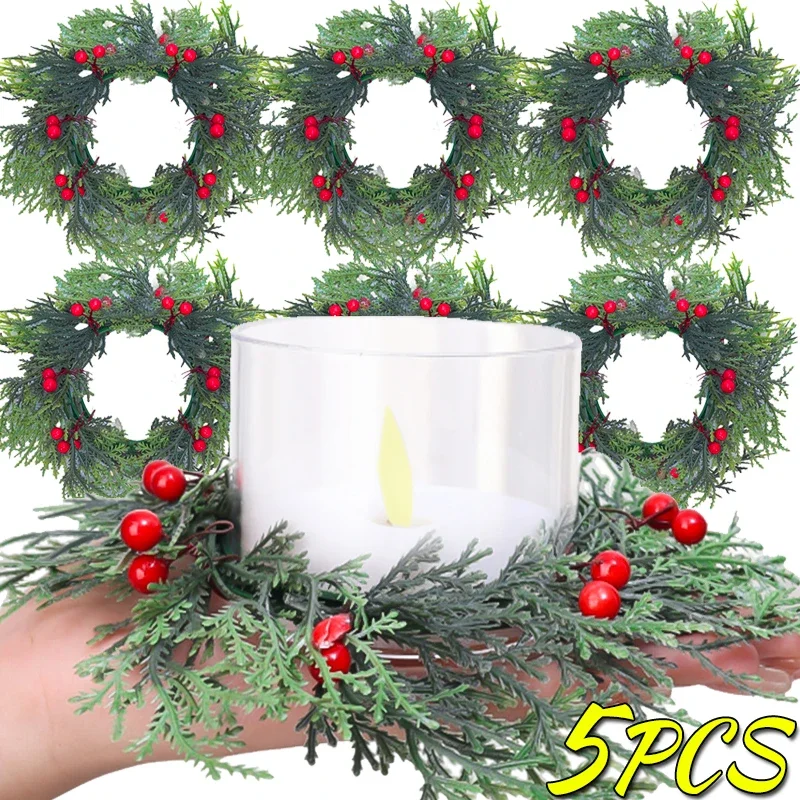 1/5PCS Artificial Pine Branch Wreaths DIY Christmas Candle Wine Fack Flower Ornaments New Year Party Desktop Candle Decor Holder