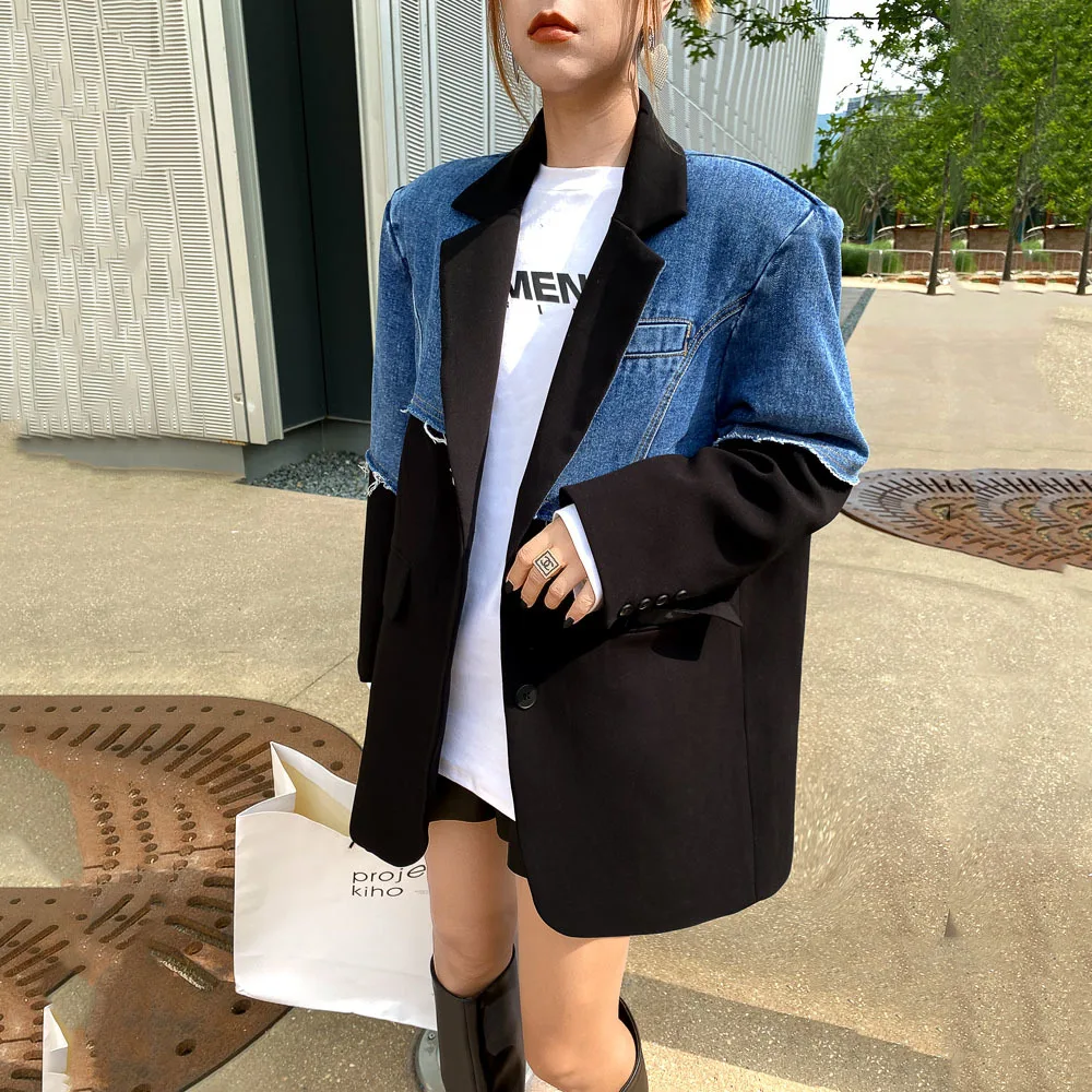 Spring Vintage Denim Spliced Blazer Women\'s Autumn 2022 New Notched Loose Single Breasted Long Sleeve Suit Coat Female