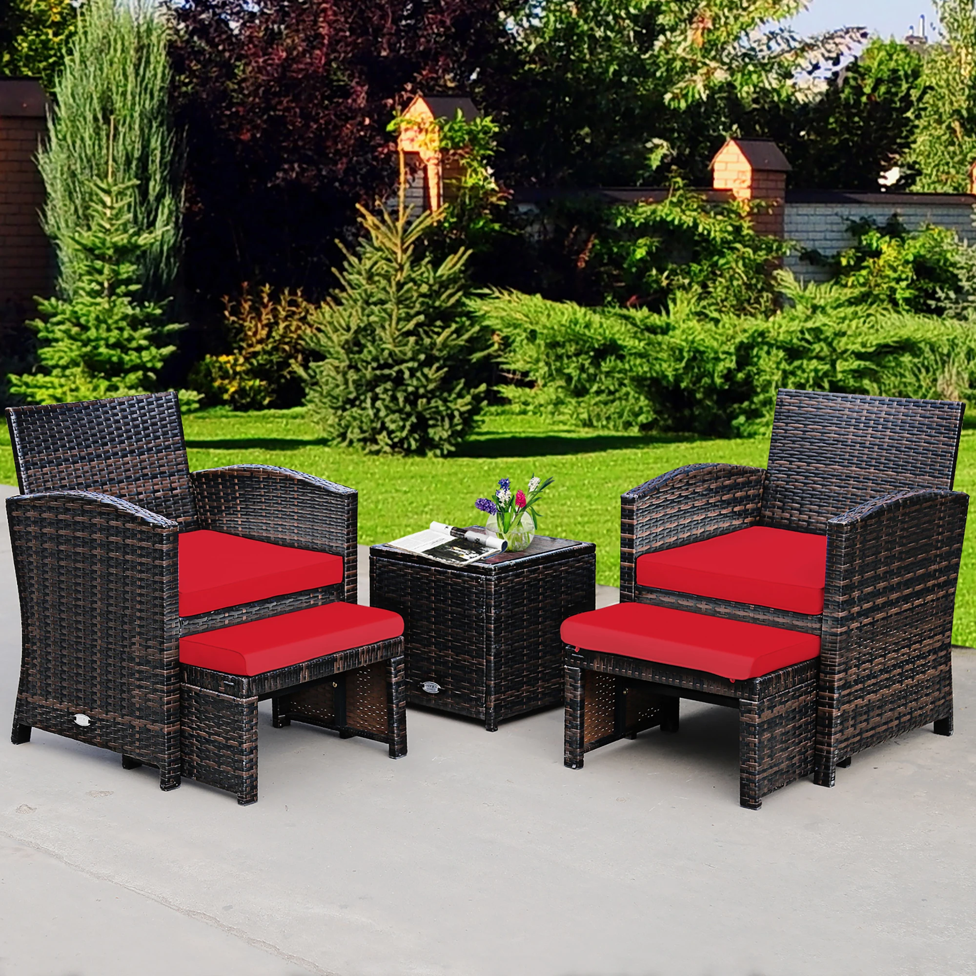 5PCS Patio Rattan Wicker Furniture Set Sofa Ottoman W/ Cushions Red