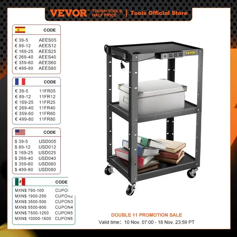 VEVOR Cold Rolled Steel AV Cart Media Cart with Cord Management 24-42 Inch Height Adjustable Shelves with Power Strip Attached