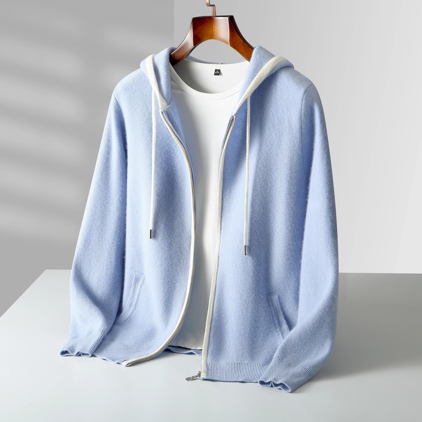 Men's 100% Pure Wool Cardigan Knitted Sweater Autumn Winter Thick Hooded Contrasting Color Casual Zipper Cashmere Sweater Jacket