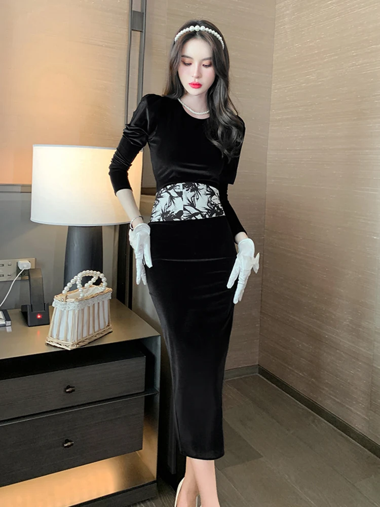 Spring Women Midi Dress Celebrity Vintage Black Velvet Long Sleeve Print Lace Up Slit Robe Femenino Vestidos Elegants Para Mujer