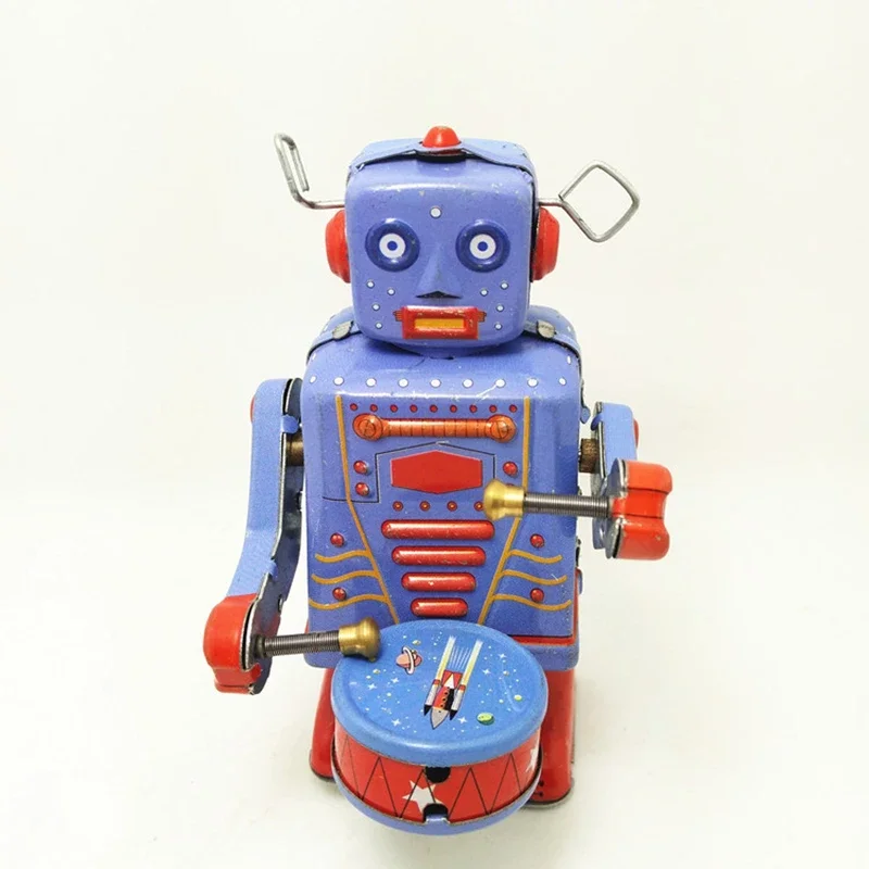 

Vintage Drumming Robot Metal Tin Clockwork Wind Up Tin Figure Toy Collectible Classic Toys For Boy Kids Christmas Gifts