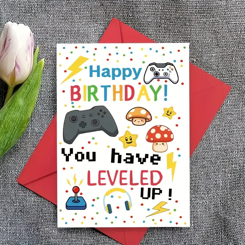 1 Stück Festliche Videospiel-Geburtstagskarte mit Umschlag, in der es darum geht, Ihnen alles Gute zum Geburtstag zu wünschen, als Gamer im Leben. Geburtstagsgeschenk. – Detail 2