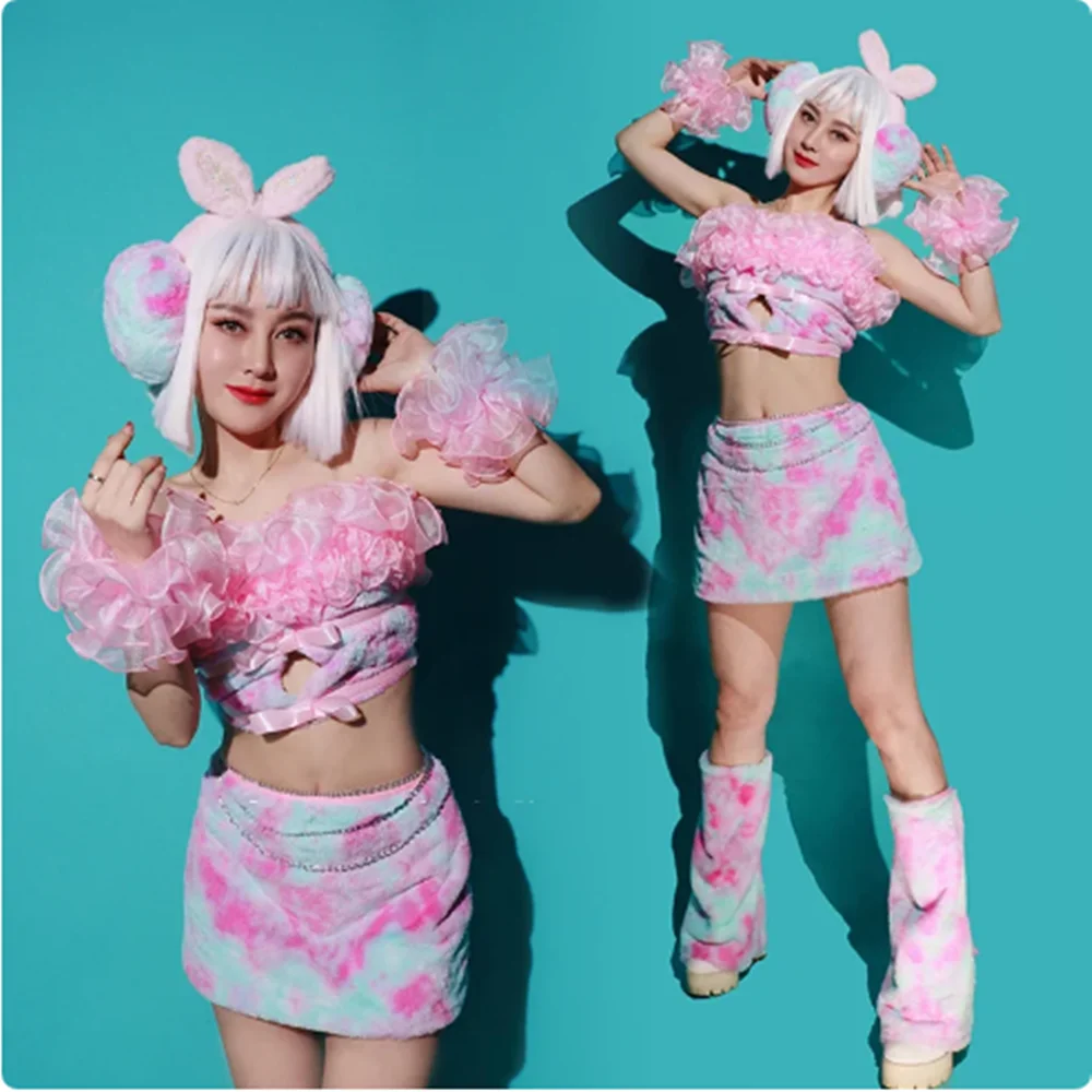 Lovely Tie-Dye Plush Jazz Dancewear Nigtclub Gogo Dancer Stage Clothes Rave Party Festival Clothing Drag Queen Costume