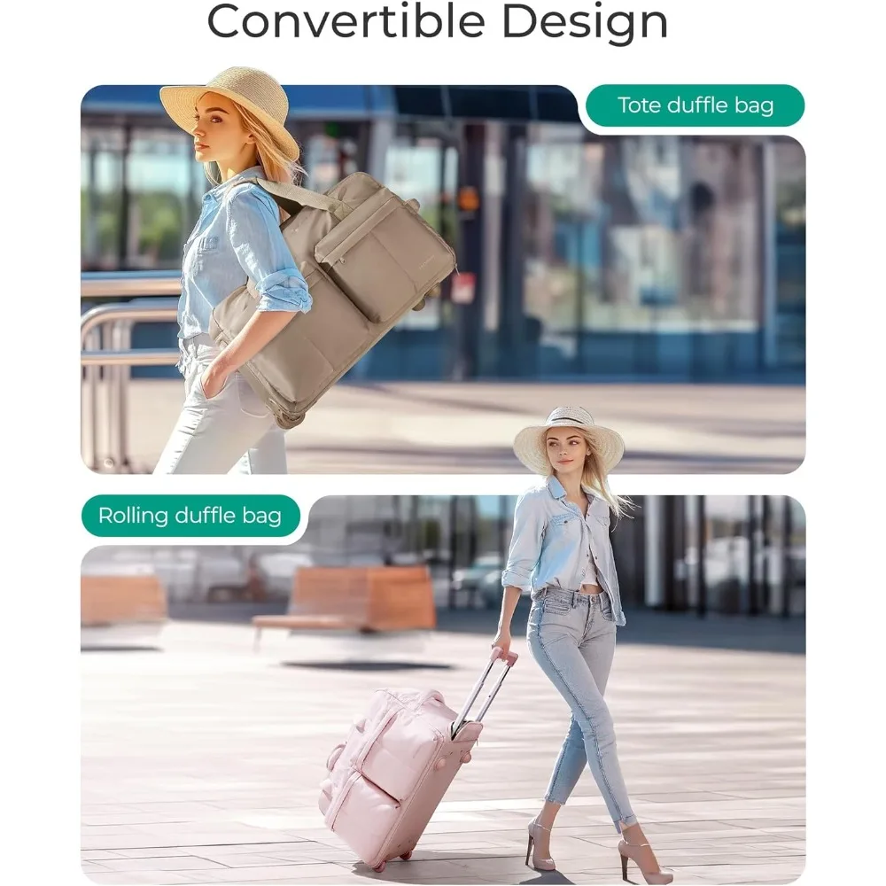 حقيبة دفل دوارة سعة 42 لترًا مع عجلات، حقيبة حمل للسفر، حقيبة من القماش الخشن بجيب مبلل، حقيبة سفر مدمجة ومتينة