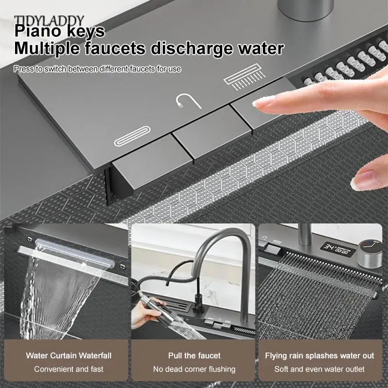 Imagem -03 - Digital Display Cachoeira Embossed Kitchen Sink Grande Slot Único Lavatório Multifuncional para Cozinha Aço Inoxidável