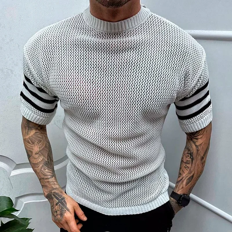 Summer New Men\'s Hollow Knit T-shirt Men\'s Short-sleeved Tee Sexy See-through T-shirt Top Breathable Mesh Sweatshirt Y2k Clothes