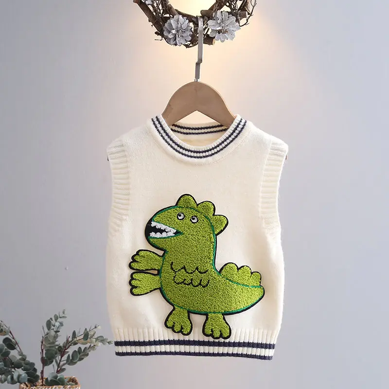 2024 New Unisex Kids' Knit Vest Cardigan with Adorable Dinosaur Decoration, Trendy Casual Fashion for Boys and Girls, Perfect fo