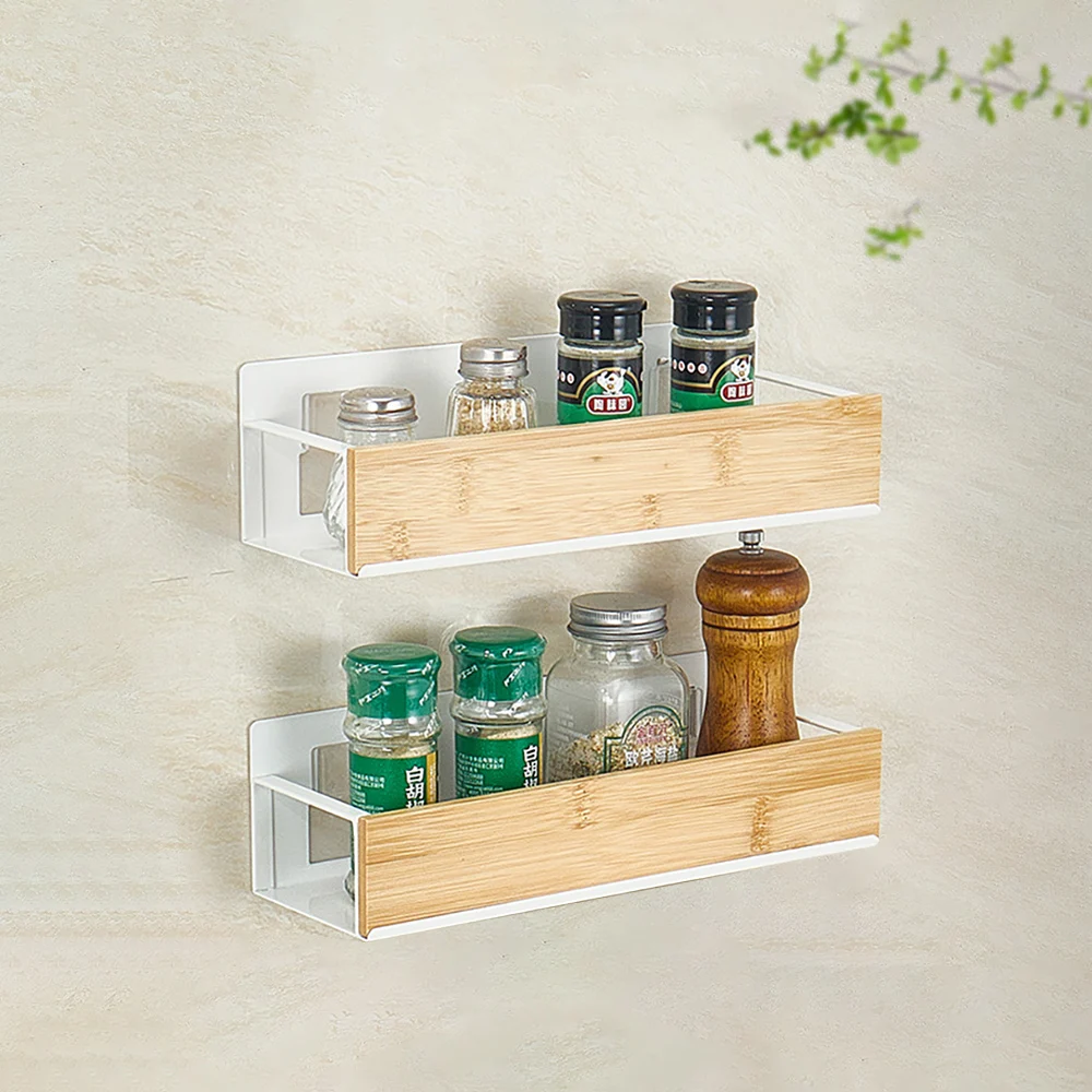 1-2 PCS Wooden Kitchen Organizer For Spice Oil Bottle Seasoning Jar Holder Wall Mounted Cabinet Storage Rack Kitchen Accessories