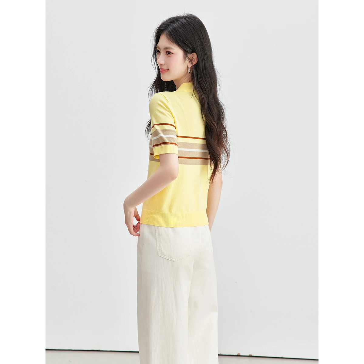 VIMLY Women's Contrasting Stripes Knitted T-shirt Summer 2026 New Polo Neck Casual Versatile Short Sleeve Yellow Top 75373