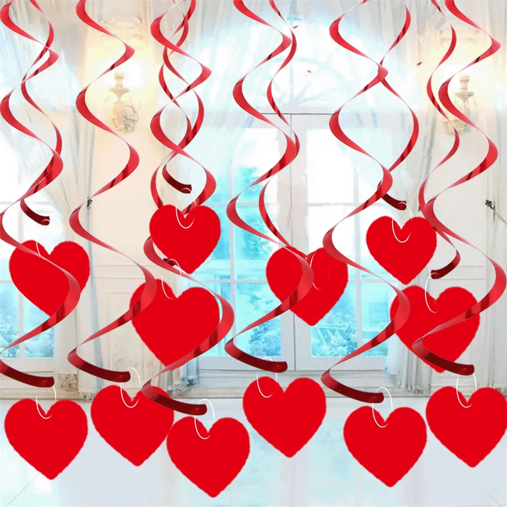 6/12/18pcs/ Red Love Heart Streamer Spiral Hanging Pendant Valentine's Day DIY Home Ornaments Wedding Birthday Party Supplies