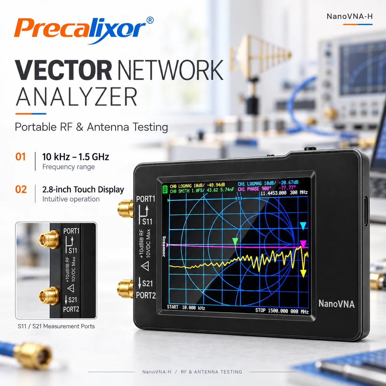 NanoVNA-H Vector Network Analyzer 9KHz -1.5GHz Latest HW V3.7 HF VHF UHF Antenna Analyzer, Measuring S Parameters, SWR, Phase