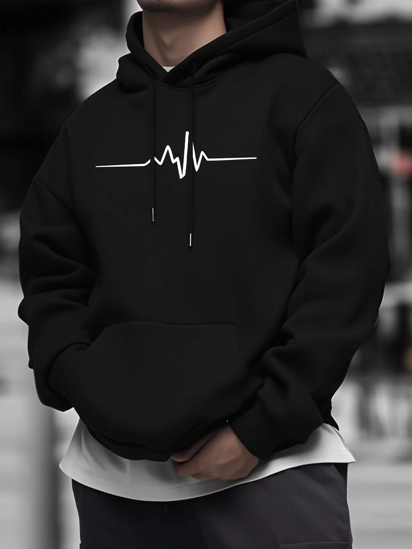 Moletom Masculino de Fleece com Estampa de Batimento Cardíaco, Quente para o Inverno, Roupa Esportiva, Moletom Casual Solto para Treino