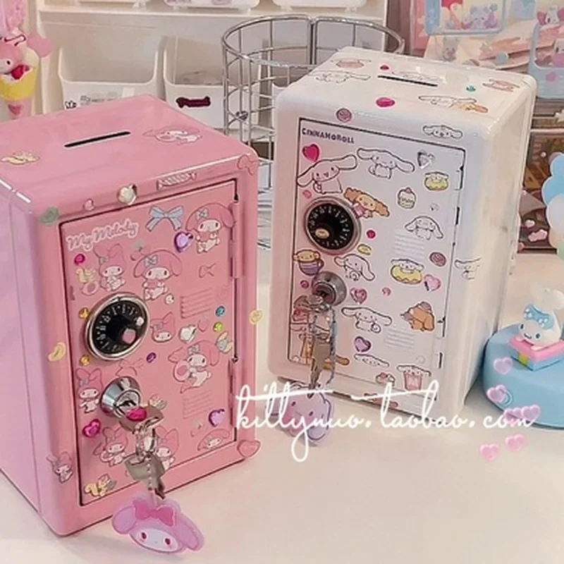 New Sanrio Cute Kawaii My Melody Cinnamoroll Wrought Iron Safe Piggy Bank Anime Girl Heart Cute Sticker Storage Key Cabinet Gift