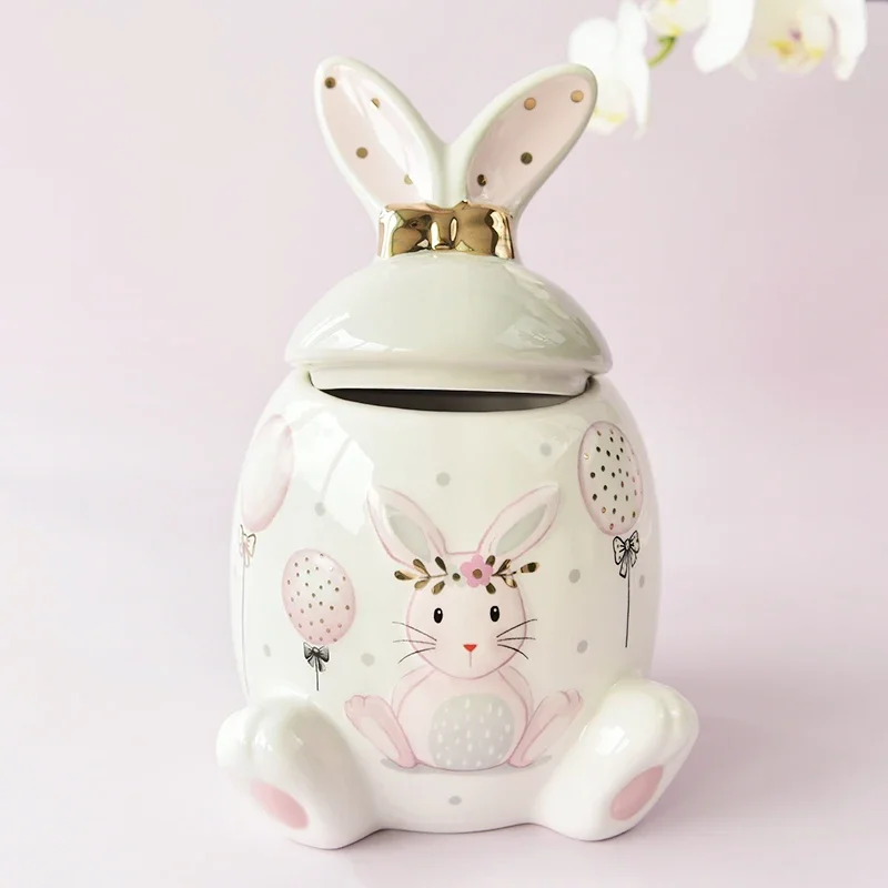 Ceramic Pet Ashes Box  Gold-Trimmed Chinese-Style Ash Urn  Cute Rabbit Shaped Memorial Jar for Cats and Dogs