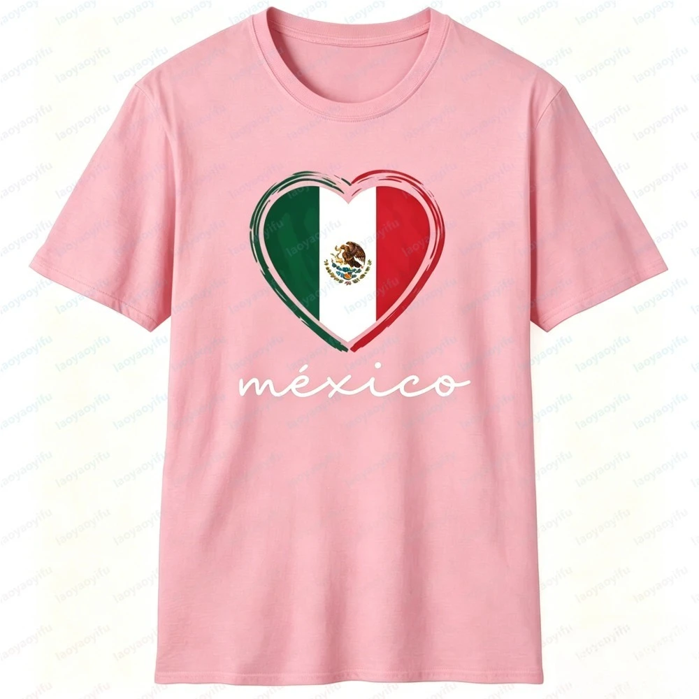 Unisex Summer Short Sleeve Fashion T-Shirt Mexico Flag Heart Print Casual Mexican Pride Fiesta Stylish Streetwear Party Tee view 3