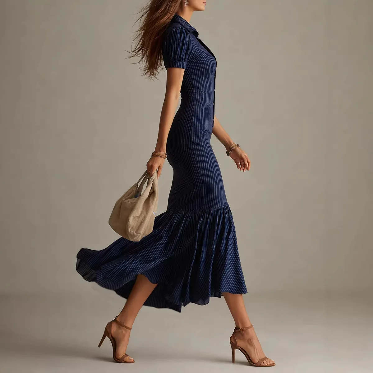 

Elegant Striped Mermaid Maxi Dress Fashion Pleated High Waist Ruffle Short Sleeve Dress Casual Office Commuting Long Dresses