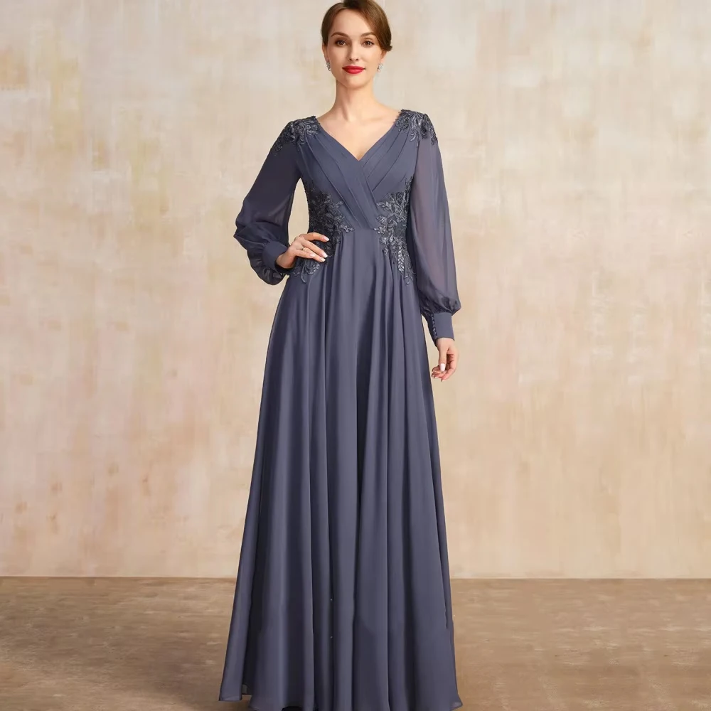 Personalizado chiffon uma linha elegante mãe de vestidos manga longa com decote em v formal vestido de noite applique vestido de festa de casamento