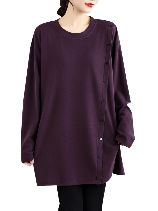 Botão design cor pura camisa de comprimento médio plus size feminino longo sve redondo ne solto topo casual fibra de poliéster