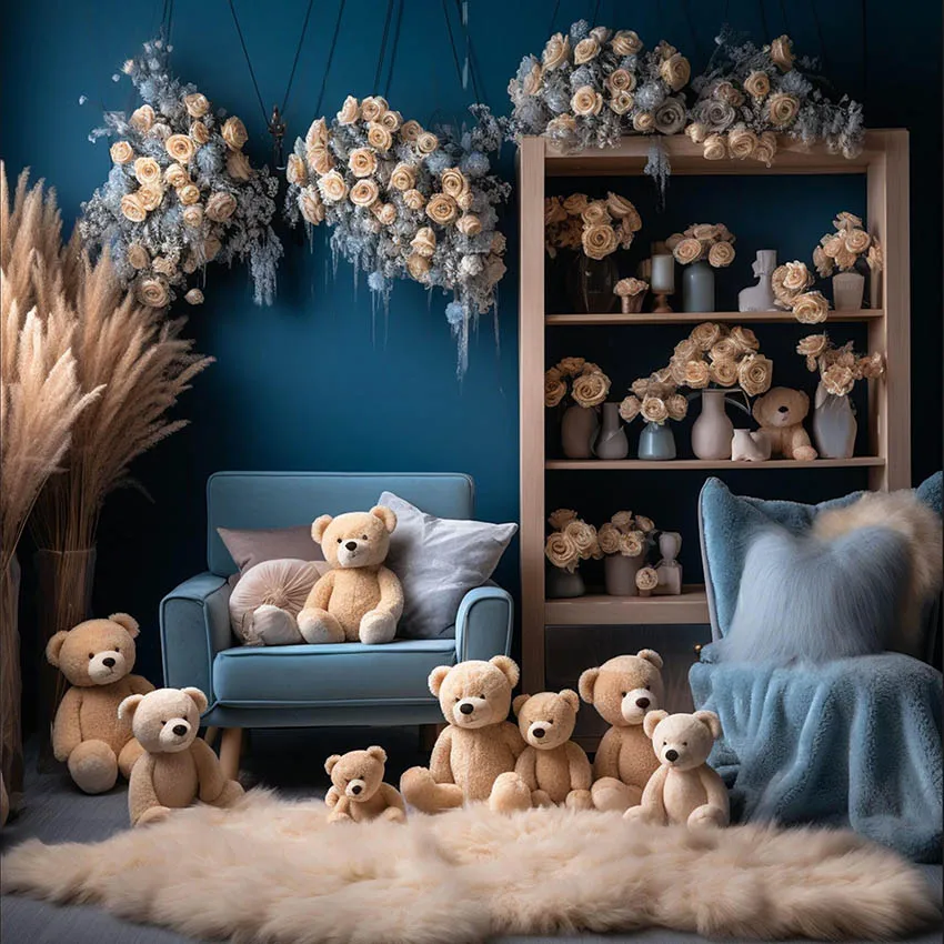 Mehofond Photography Background Boho Pampas Cute Bear Blue Room Floral Kids Birthday Party Portrait Decor Backdrop Photo Studio