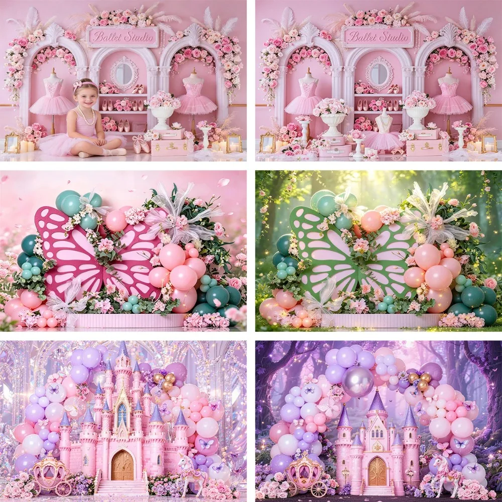 Pink Balloon Flower Castle Themed Banner Decoration Background, Children's Birthday Party, Home Decoration Photography Backdrop