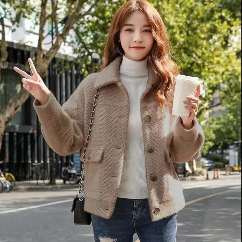 

Korean Imitation Mink Fur Jacket for Women, Monochrome Coat, Square Button Neck, Short Jackets for Women, New Outerwears, Winter