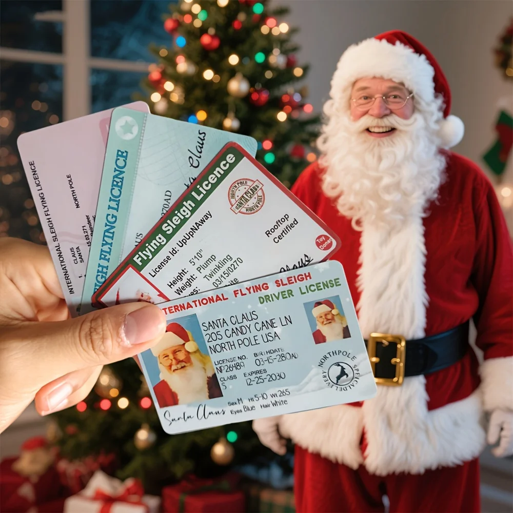 1/4 قطعة زينة عيد الميلاد التقليدية سانتا كلوز مزلقة رخصة القيادة البلاستيك الجدة عطلة بطاقات احتفالية سانتا عرض الدعائم