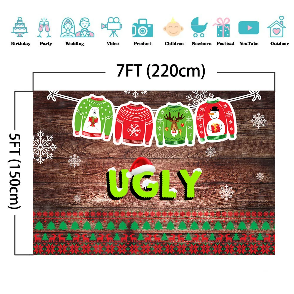 Mocsicka ไม้ Ugly Sweater Party ฉากหลังสำหรับถ่ายภาพฤดูหนาวเกล็ดหิมะคริสต์มาสพื้นหลังโปสเตอร์ Decor Photo Studio
