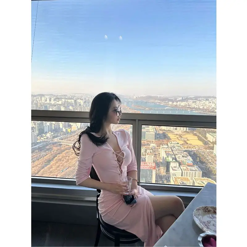 Miiiix Cherry Blossom Pink Spring, Autumn, Winter Laydown Slim Fit Artificially Knitted Dress Long Dress with Split Strap