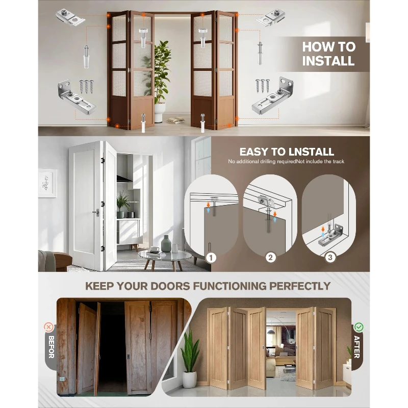 Bifold Door Hardware Repair Kit Include Top & Bottom Bracket Bifold Door Parts with 7/8 in Guides Wheel for Folding Door