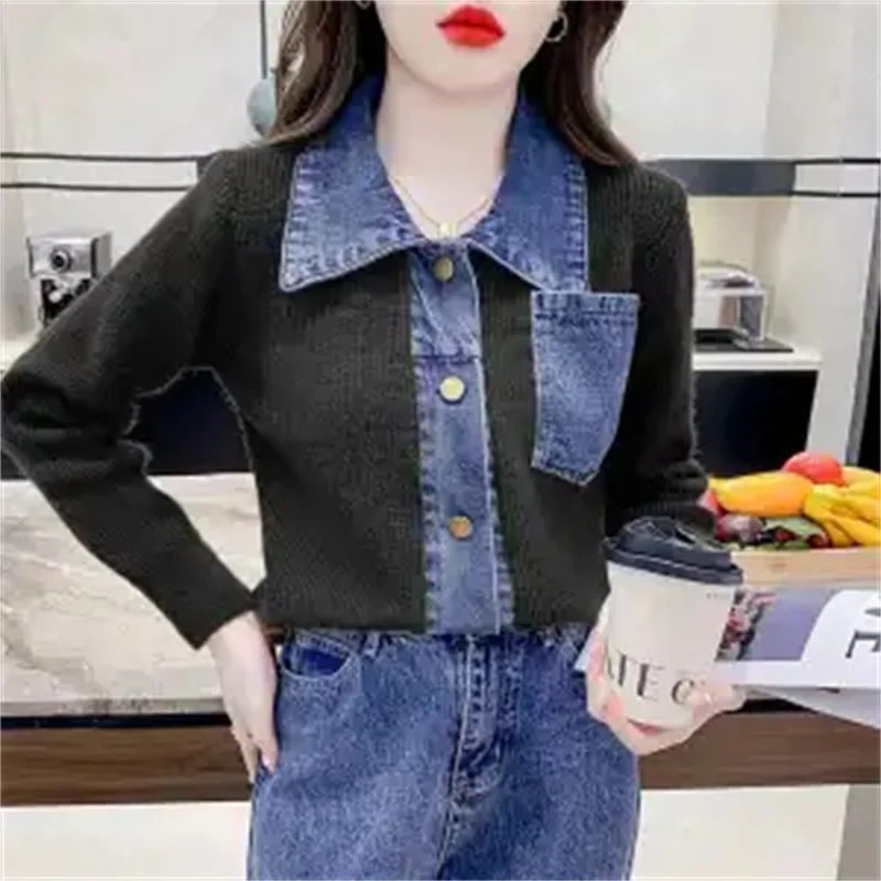 

French Knitwear Ladies Spring Autumn New Niche Top Small Fragrance Sweater Women's Jacket Design Denim Stitching Cardigan Coat