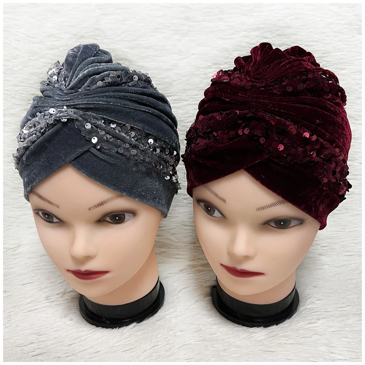 Wholesale 6/12 Elegant Sequined Turban Hat Women Cap Beaded For India Hat Scarfs Head Wrap Headband Girl Hair Accessories Lady