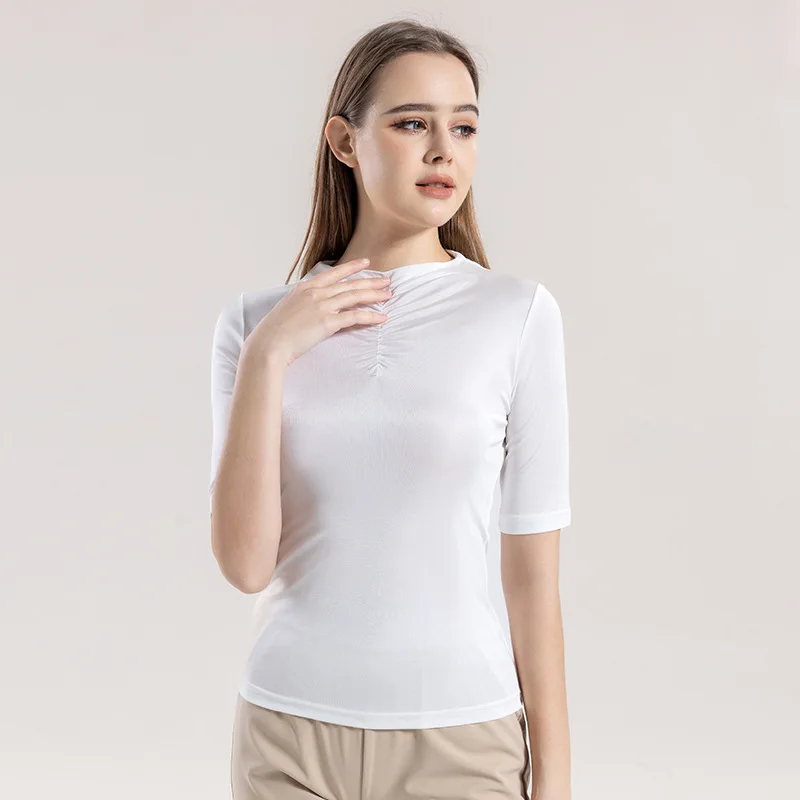 BirdTree, Natural Silk Knitted T-Shirts, Women Half Sleeve O Neck Solid, Elegant Versatile Loose Fold Top, 2024 Summer T45586QC