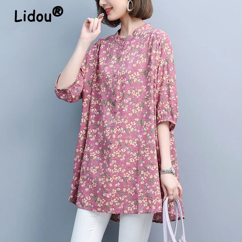 

Summer Fashion Vintage Floral Print Oversized Cotton Linen Long Top Blouse Women Casual Half Sleeve Shirts Blusas Mujer Clothing