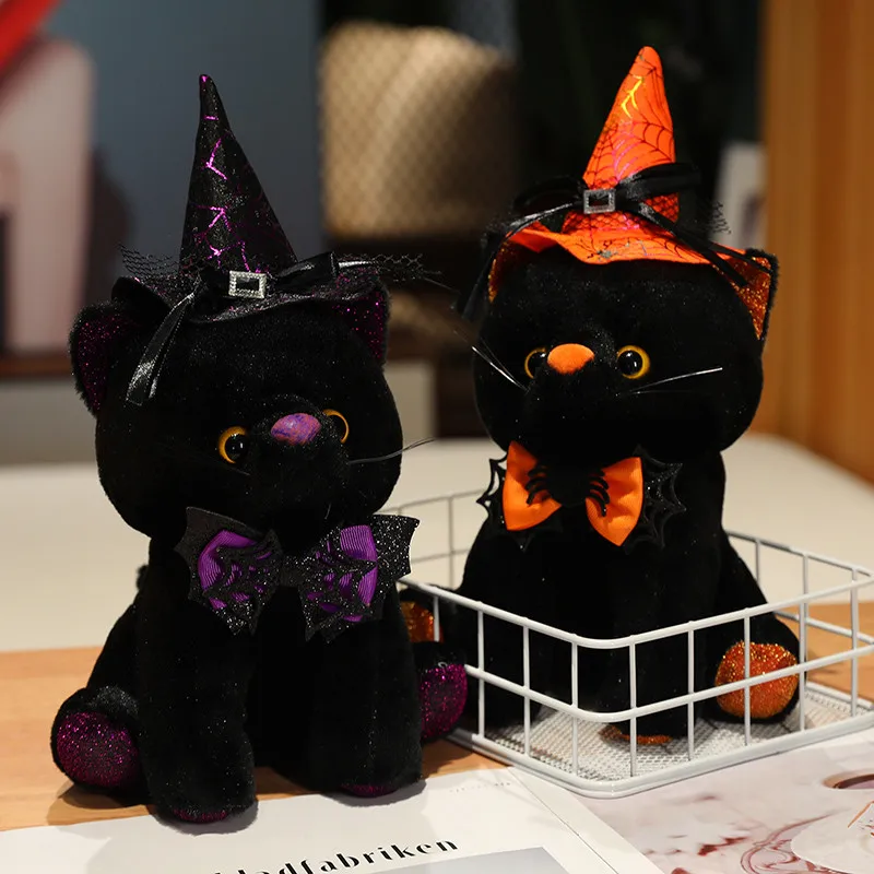 2025 Halloween Style Black Orange Cat Plush Toy Cute Kitten Doll Stuffed Pillow Happy Halloween Party Decor Gifts Trick or Treat