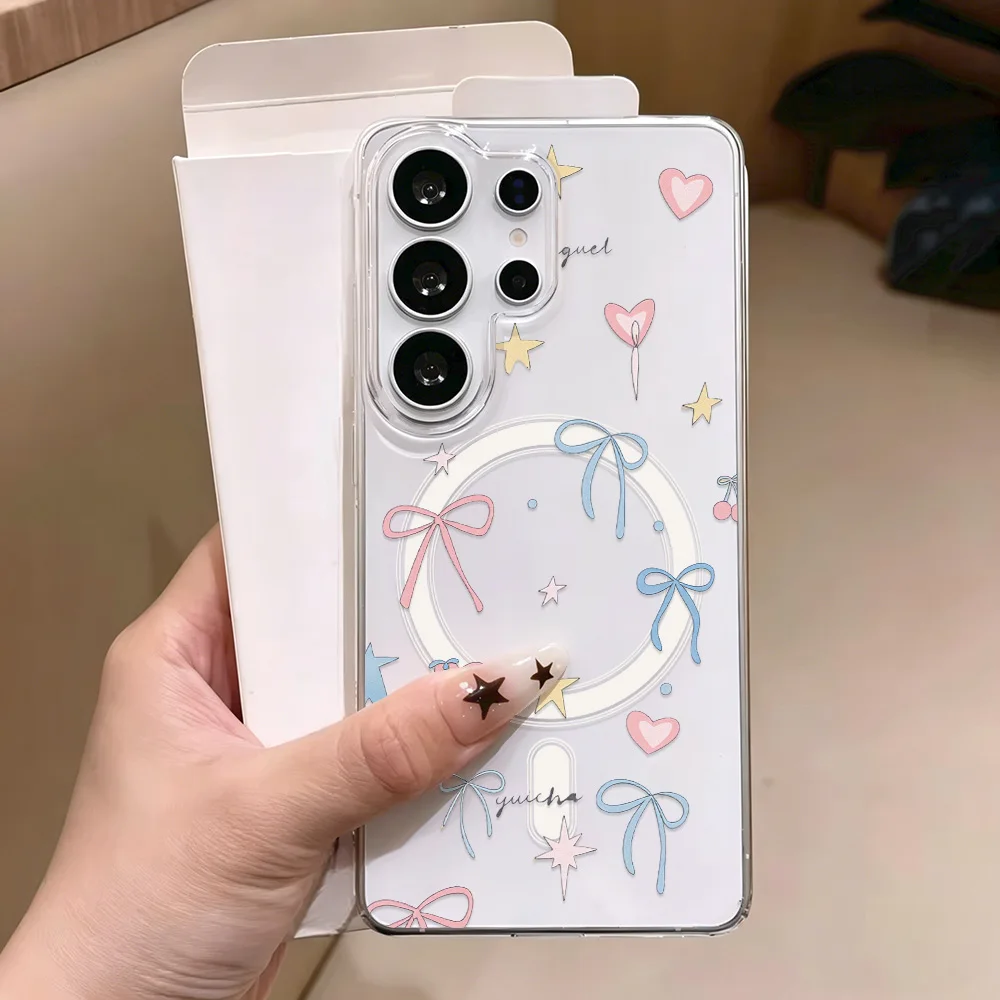 

Cute Pink Heart Bow Phone Case For Samsung S25 S26 Ultra A57 A37 A56 A36 A55 A35 A25 A17 S24 S23 S22 Shockproof Soft Clear Cases