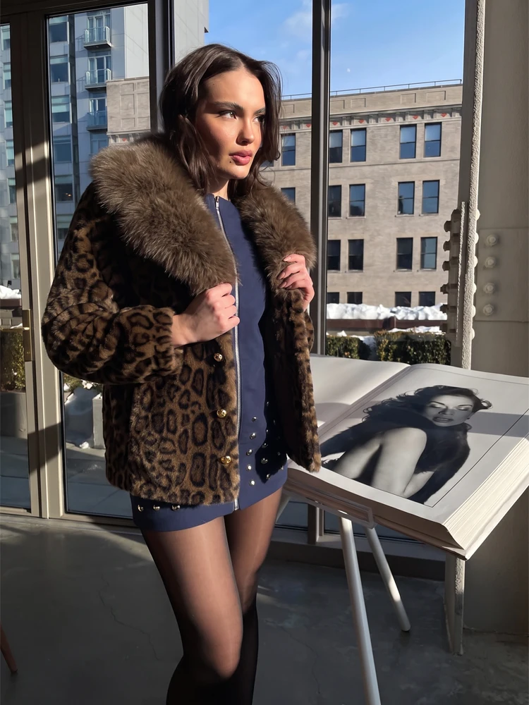 Women Leopard Print Faux Fur Short Coat Big Fluffy Fur Collar Single Breasted Coats Retro Winter Lady Casual Streetwear Outfit