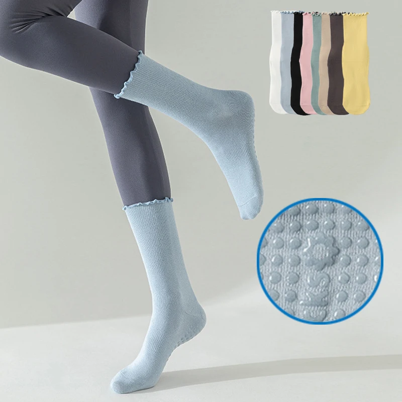 Solid color wave edge Women's  yoga Pilates socks anti-slip cotton Sports Zumba Indoor Aerobic exercises fitness Floor Socks