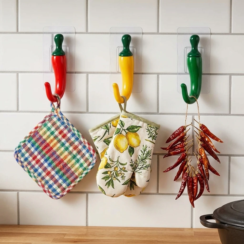3-60PCS Chili Pepper Wall Hook Adhesive No Drill Organizer for Kitchen Key Hanger Utility Storage Home Decor Entryway