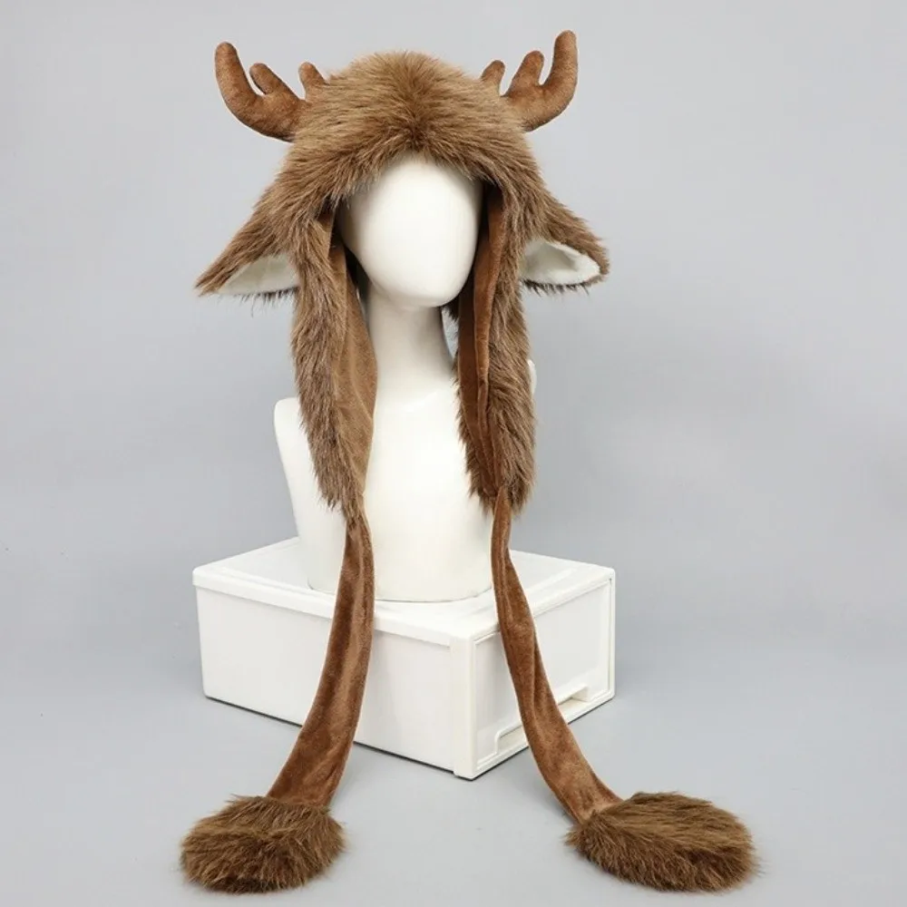 Warme Rentiergeweih-Mütze, flauschige Textur, verstellbare Riemen, Weihnachts-Elchmütze, thermische winddichte Plüsch-Ohrschutzmütze, Unisex – Detail 5